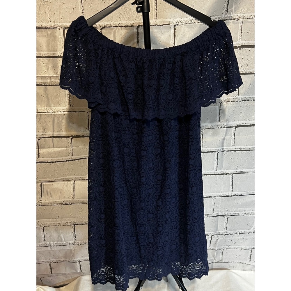 Kimchi Blue Navy Blue Lace Off The Shoulder Ruffle Mini Dress Boho Eyelet Large